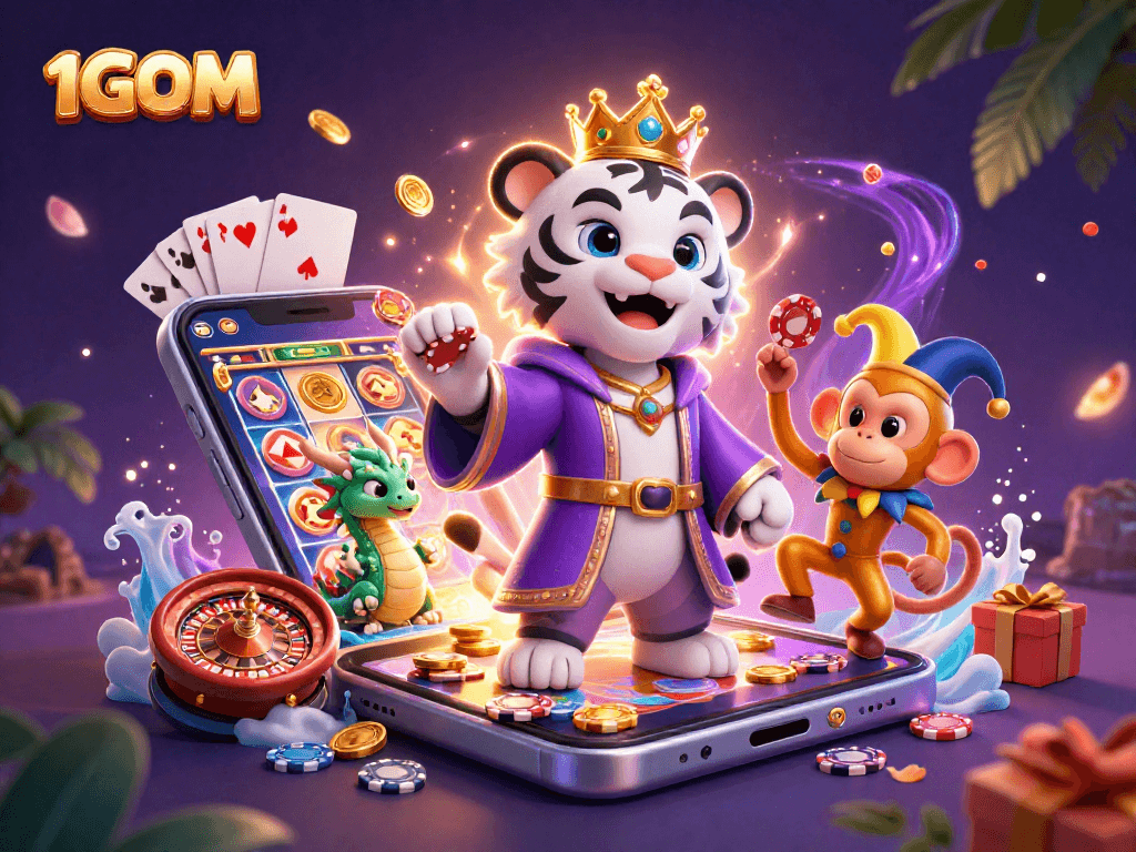 Experience thrilling gaming at 1GOM with vibrant characters and engaging casino elements in a dynamic scene.