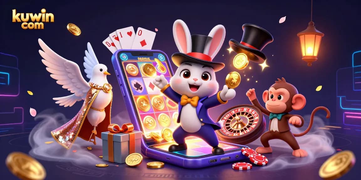 Engage in thrilling gameplay at kuwin com with a magician rabbit, monkey and dove in a lively casino scene.