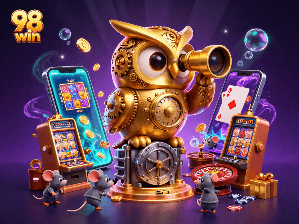 Engage with 98 win in a vibrant casino scene featuring a golden owl and animated game elements.