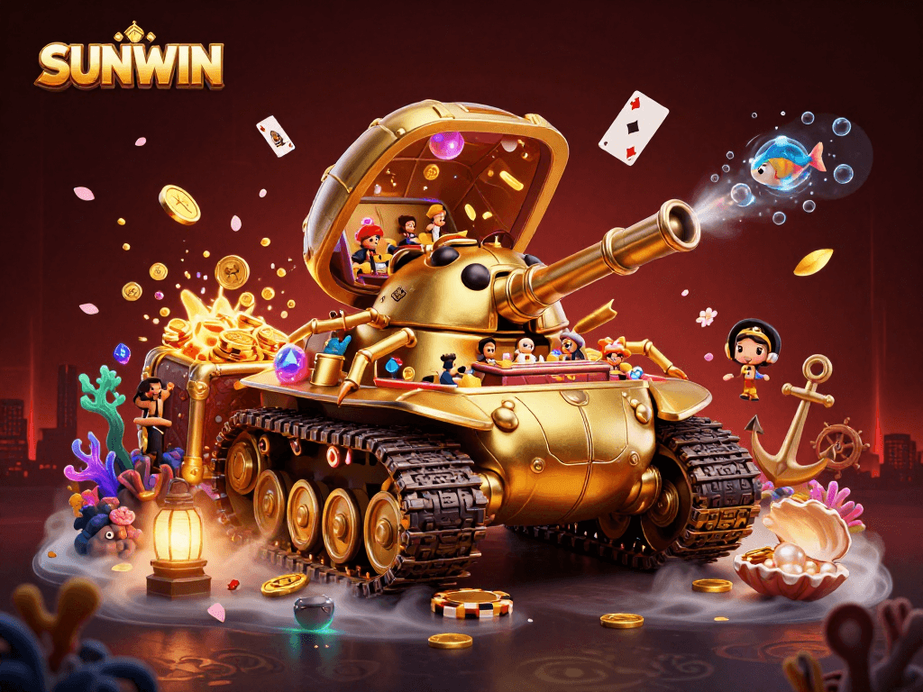 SUNWIN reveals an interactive miniature casino nestled in a massive golden beetle tank, exploding with treasures and vibrant gaming elements.