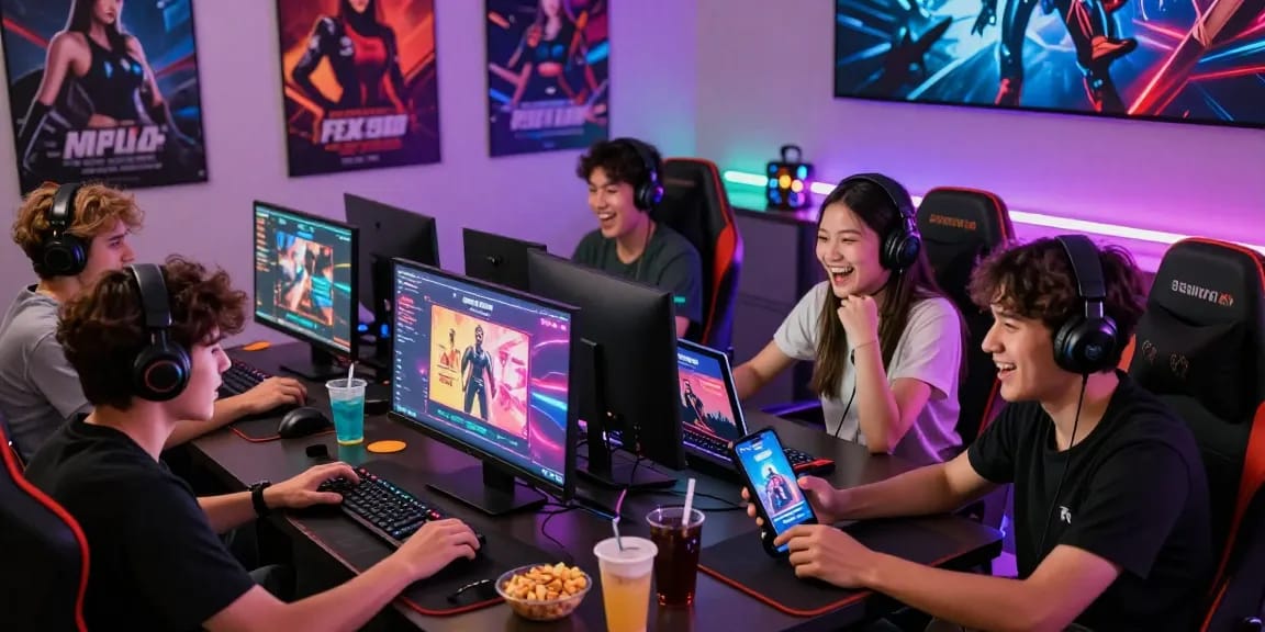Gamers enjoying free sex games on devices, vibrant gaming atmosphere.