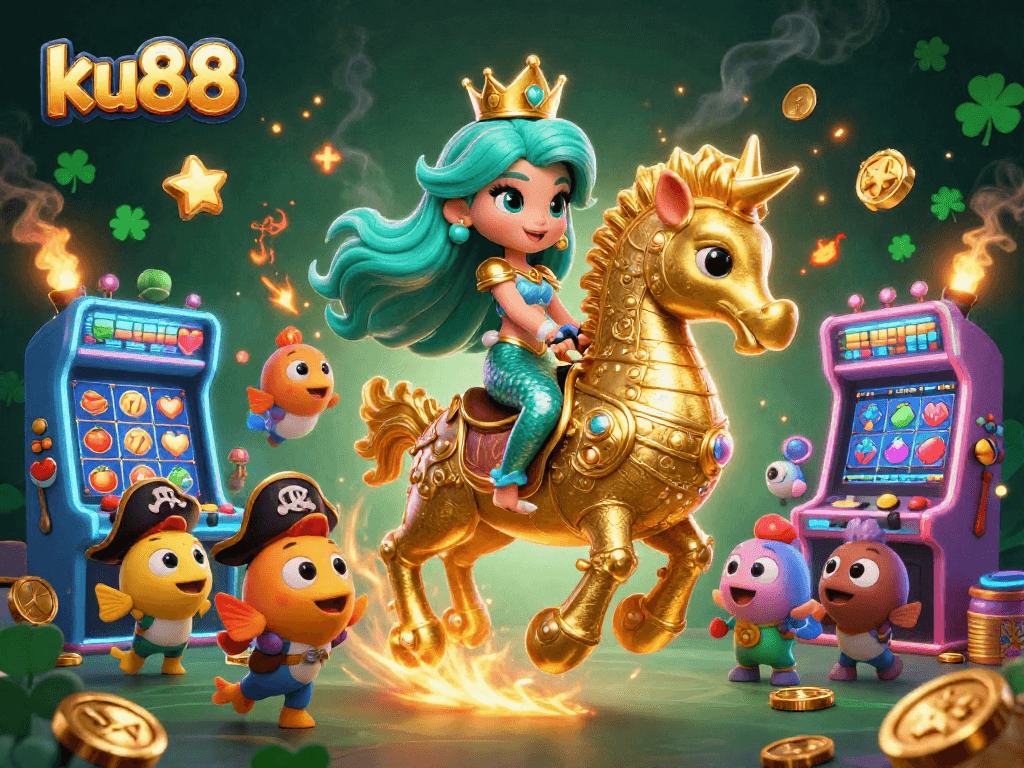 Experience the excitement of ku88 with a colorful underwater casino scene featuring a mermaid and seahorse.