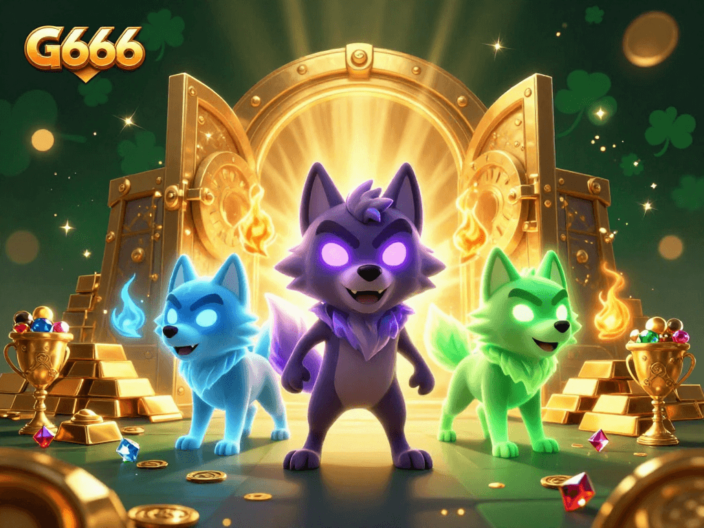 Experience the thrill of G666 with captivating 3D wolves and treasure in a vibrant casino scene.