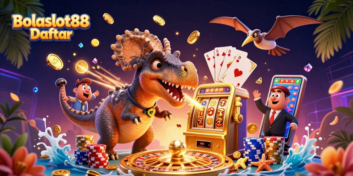 Bolaslot88 Daftar scene with a pachycephalosaurus winning jackpots at a golden slot machine surrounded by flying coins.