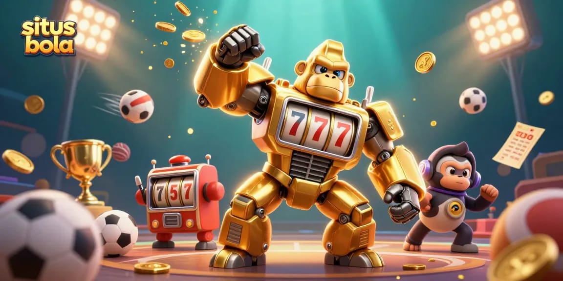 Engage with situs bola as the golden mech battles with coins and sports balls in this vibrant illustration.