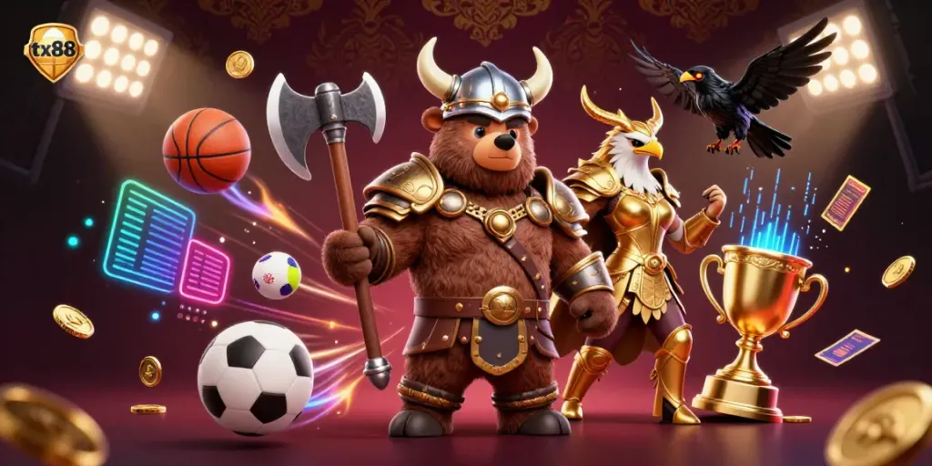 Experience dynamic excitement at tx88 with a 3D cartoon Viking bear and Valkyrie eagle amidst sports elements.