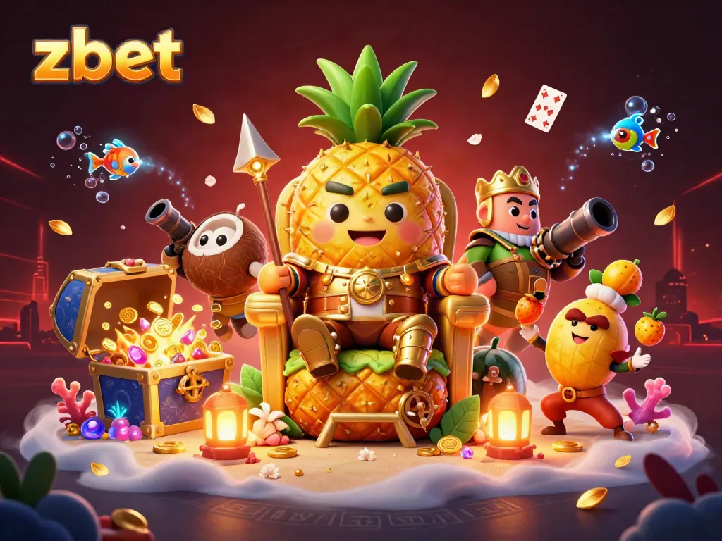 Experience excitement at zbet with the golden pineapple king and his jester in a lively casino setting.