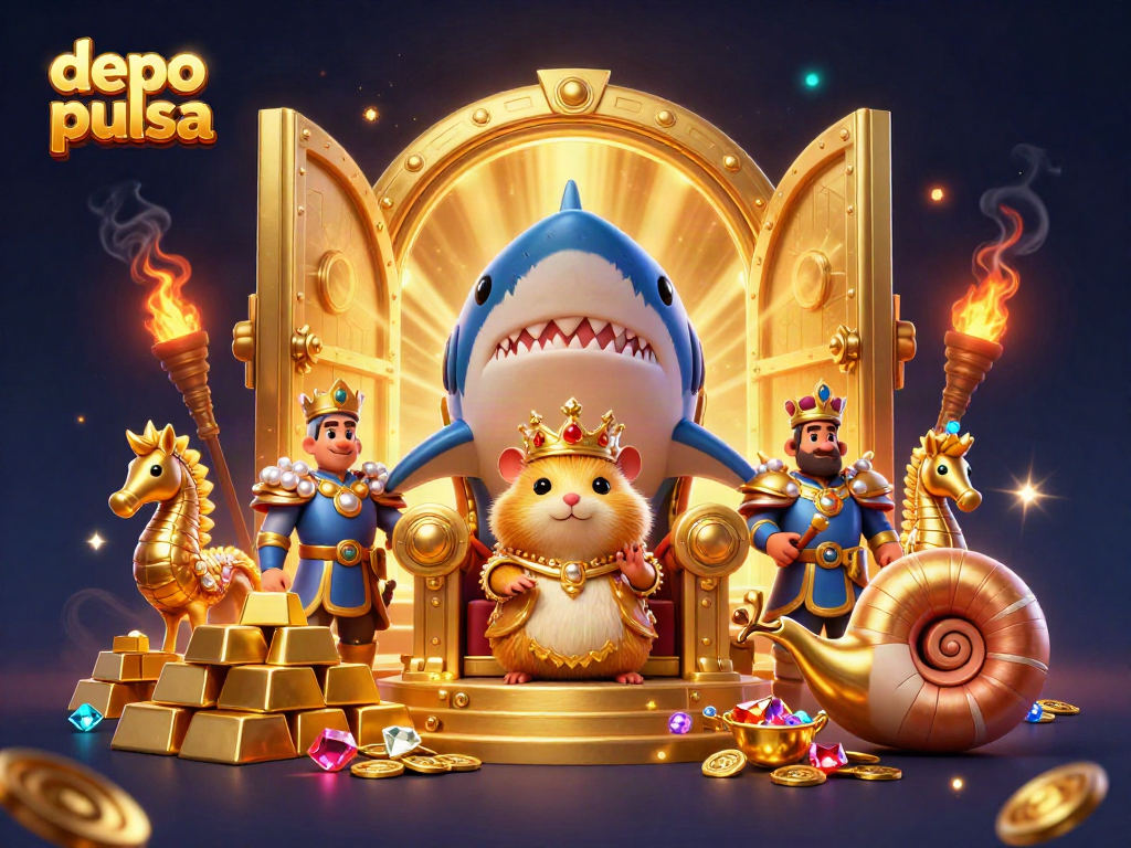 Join the action with depo pulsa in this vibrant 3D casino scene featuring a golden hamster king and treasure galore.