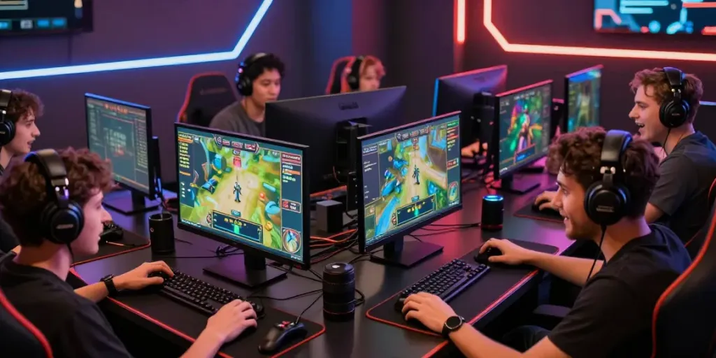 Excited gamers engaging on https://man881.jp.net/ in modern gaming lounge.