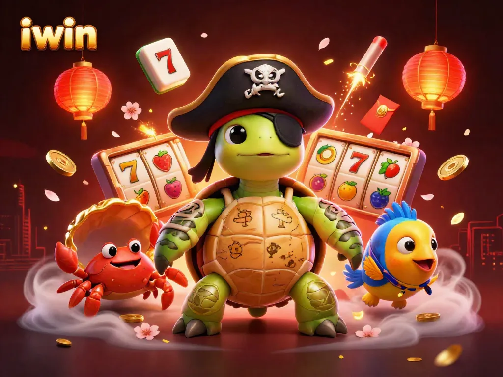 Experience iwin's vibrant casino world featuring a pirate turtle and 3D slots amid festive elements.