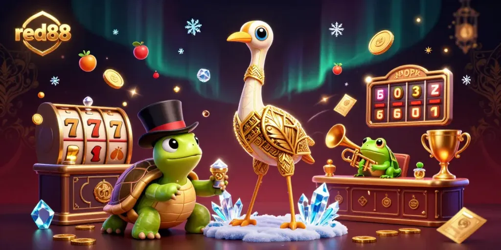 Experience the excitement of red88 with slot reels and lively casino characters in an immersive scene.
