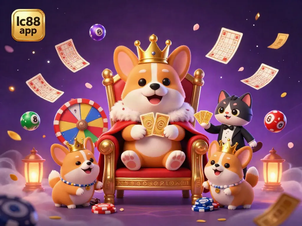 Experience the excitement of the lc88 app casino with a royal corgi and vibrant lottery elements.