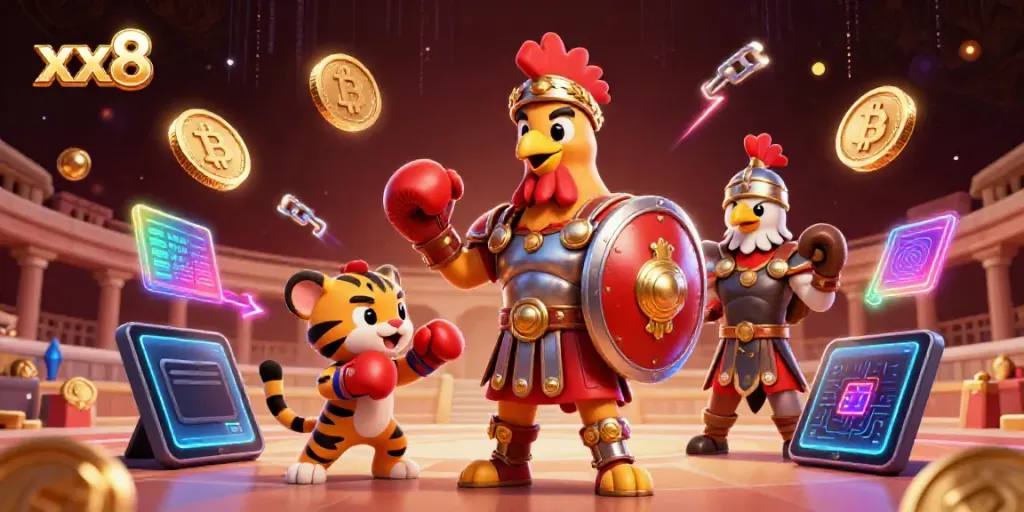 Engage with exciting xx8 casino action, featuring a gladiator rooster in an arena.