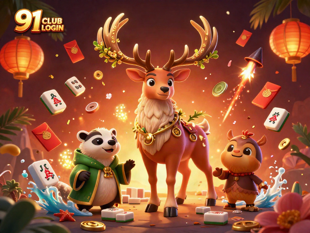 91 CLUB LOGIN engaging illustration of a Celtic stag and badger amidst glowing casino elements for dynamic gameplay.