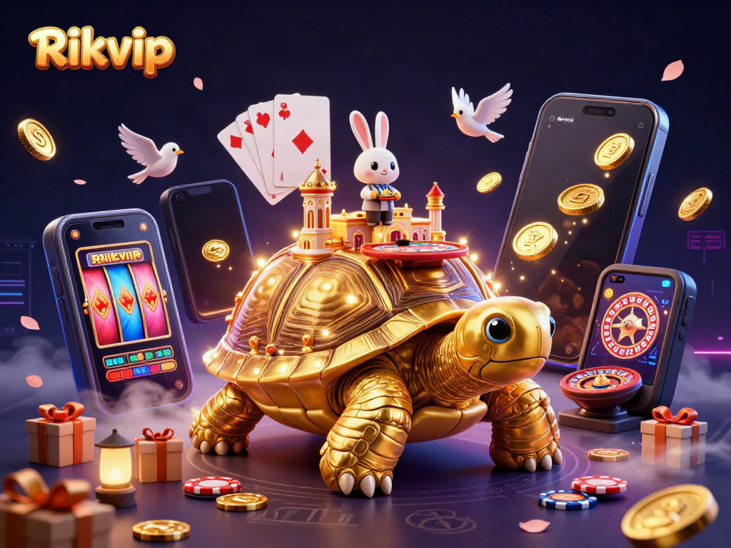 Experience Rikvip's thrilling casino adventure with golden tortoise and rabbit dealer amidst vibrant gaming action.
