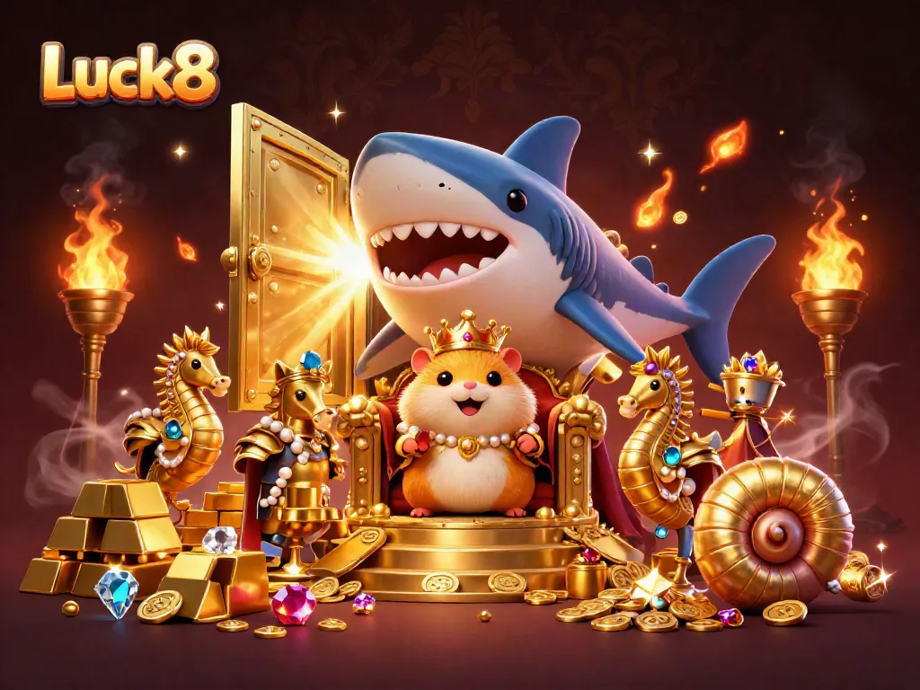 Luck8 enhances your gaming experience as a golden hamster king sits atop a massive megalodon throne