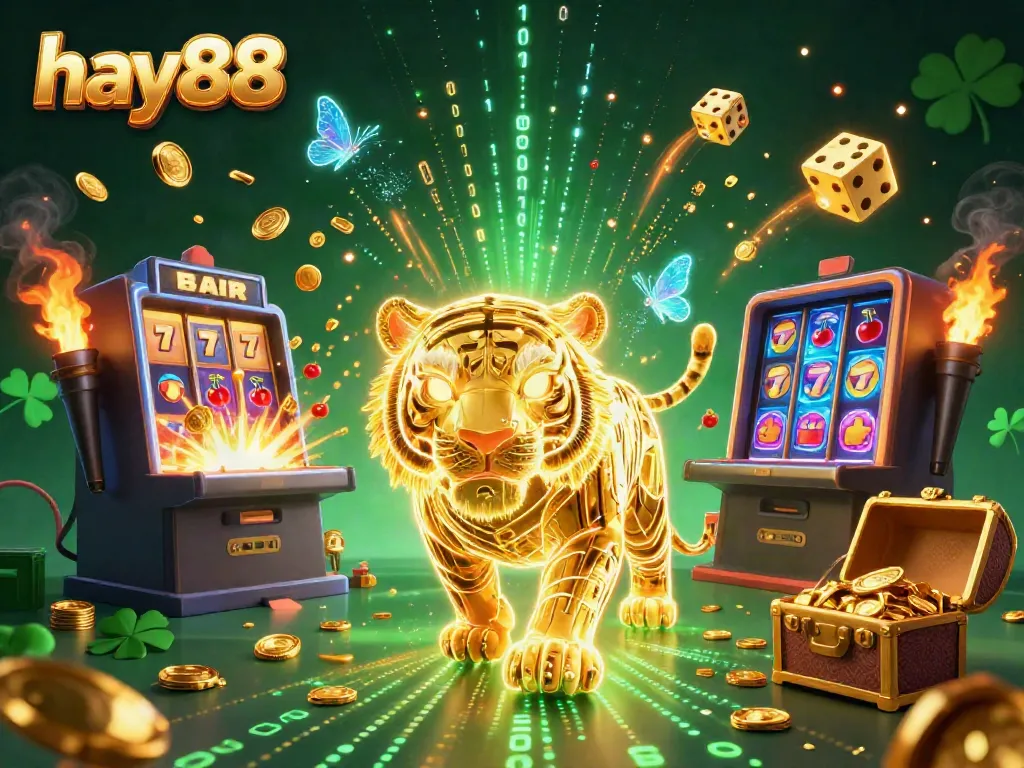 Experience thrilling games at hay88 with golden tiger and vibrant slot explosions in a futuristic casino.