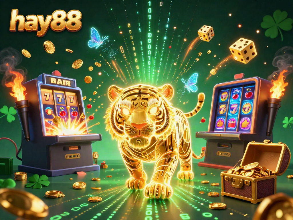 Experience thrilling games at hay88 with golden tiger and vibrant slot explosions in a futuristic casino.