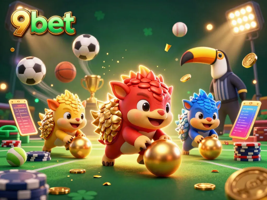 Experience excitement at 9bet with cartoon pangolins competing in a vibrant casino scene.