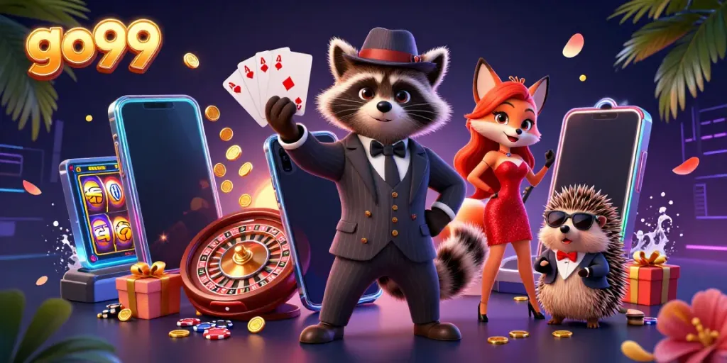 Engage with go99's vibrant gaming scene featuring raccoon, fox, and hedgehog characters amidst exciting casino elements.