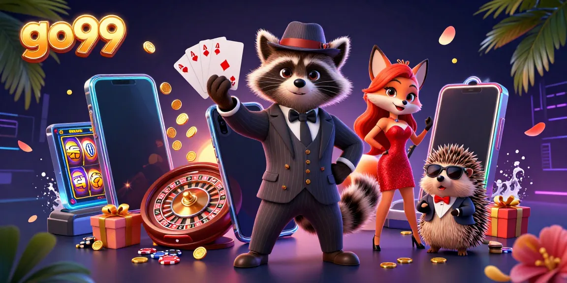 Engage with go99's vibrant gaming scene featuring raccoon, fox, and hedgehog characters amidst exciting casino elements.