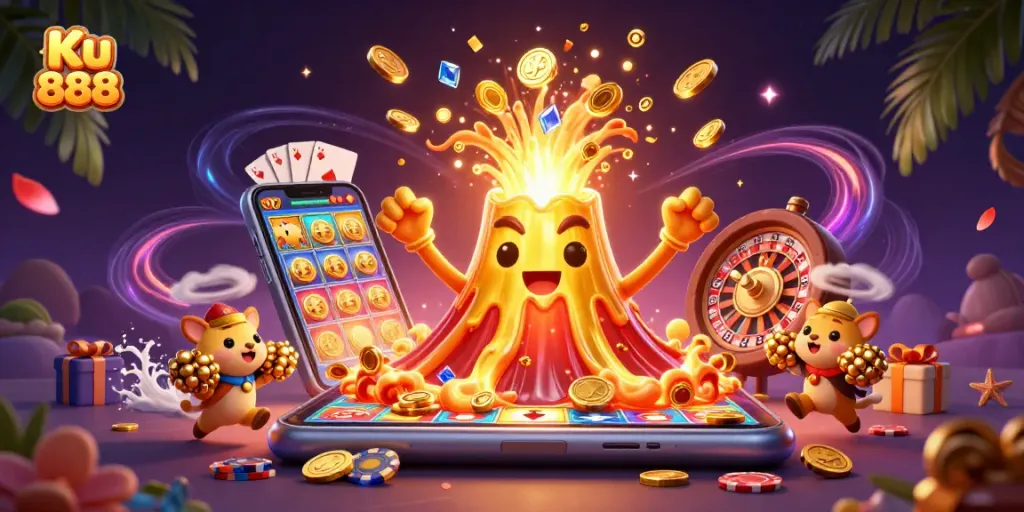 Play and win at Ku 888 with a dynamic casino illustration featuring treasures and games.