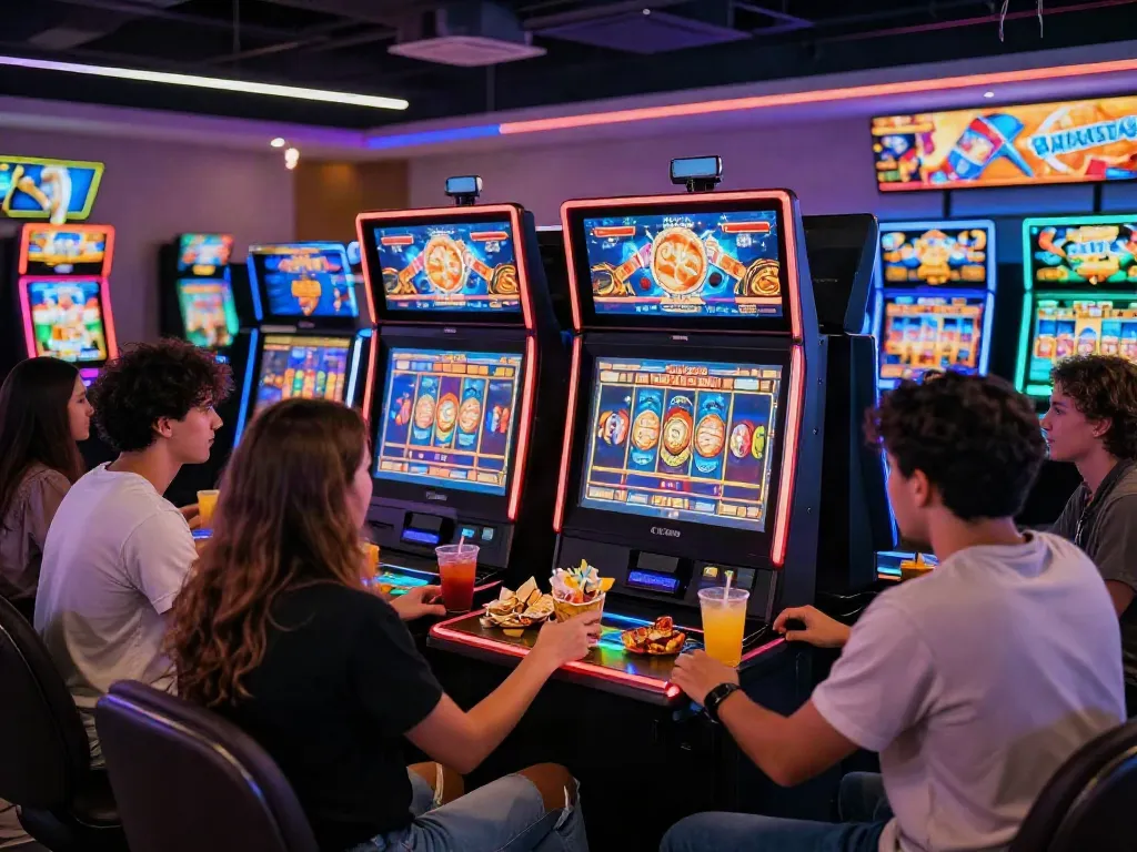 Friends enjoying a slot game session at a modern online casino with vibrant colors and engaging atmosphere.