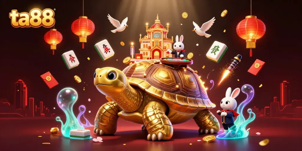 Experience ta88's vibrant casino atmosphere as a huge tortoise hosts a lively gaming scene featuring dealers and golden coins.