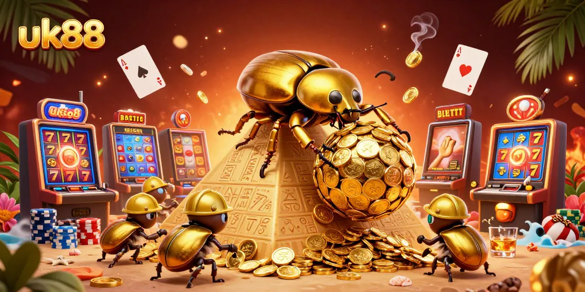 uk88 presents an exciting 3D illustration of beetles showcasing casino elements including slots and poker chips.