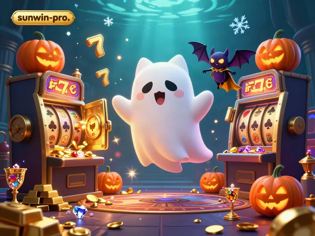 Join sunwin-pro's thrilling casino adventure with a ghost cat, bat, and glowing jack-o-lanterns!