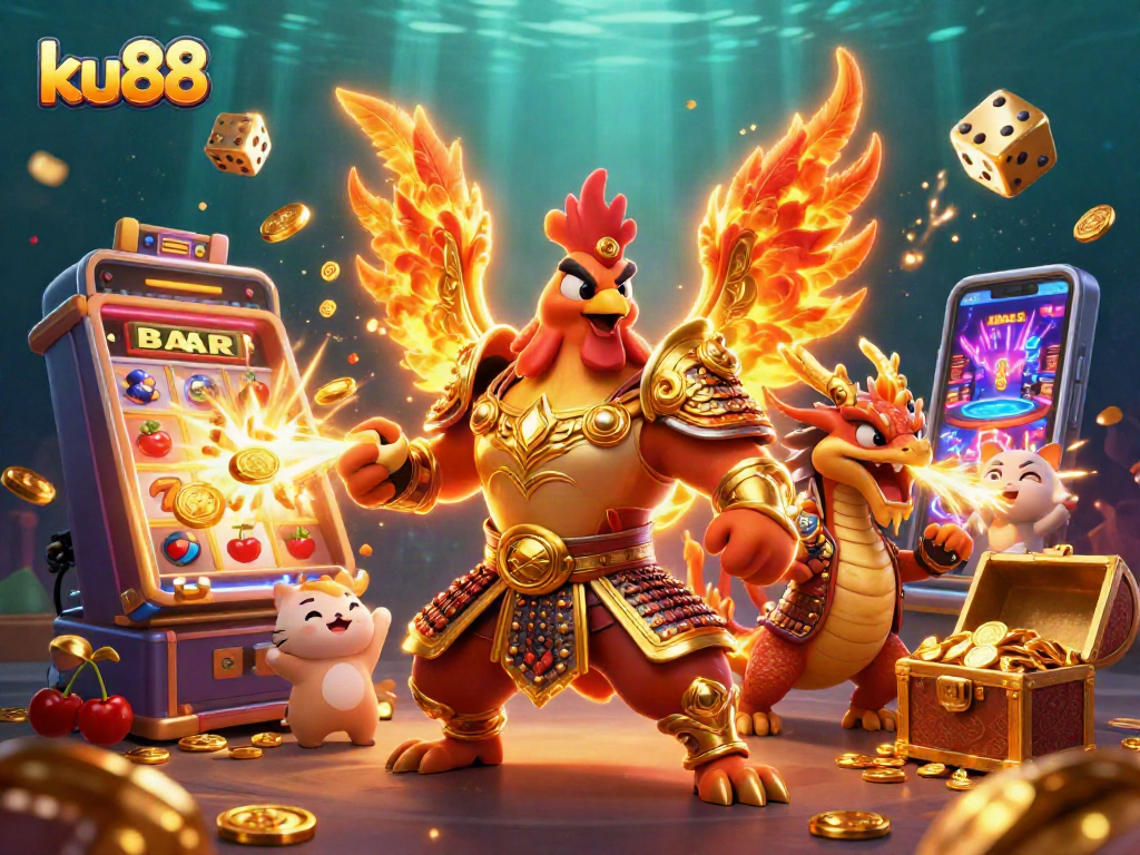 ku88 online gaming scene with a rooster warrior, dragon hatchling, and fortune cat amid casino elements