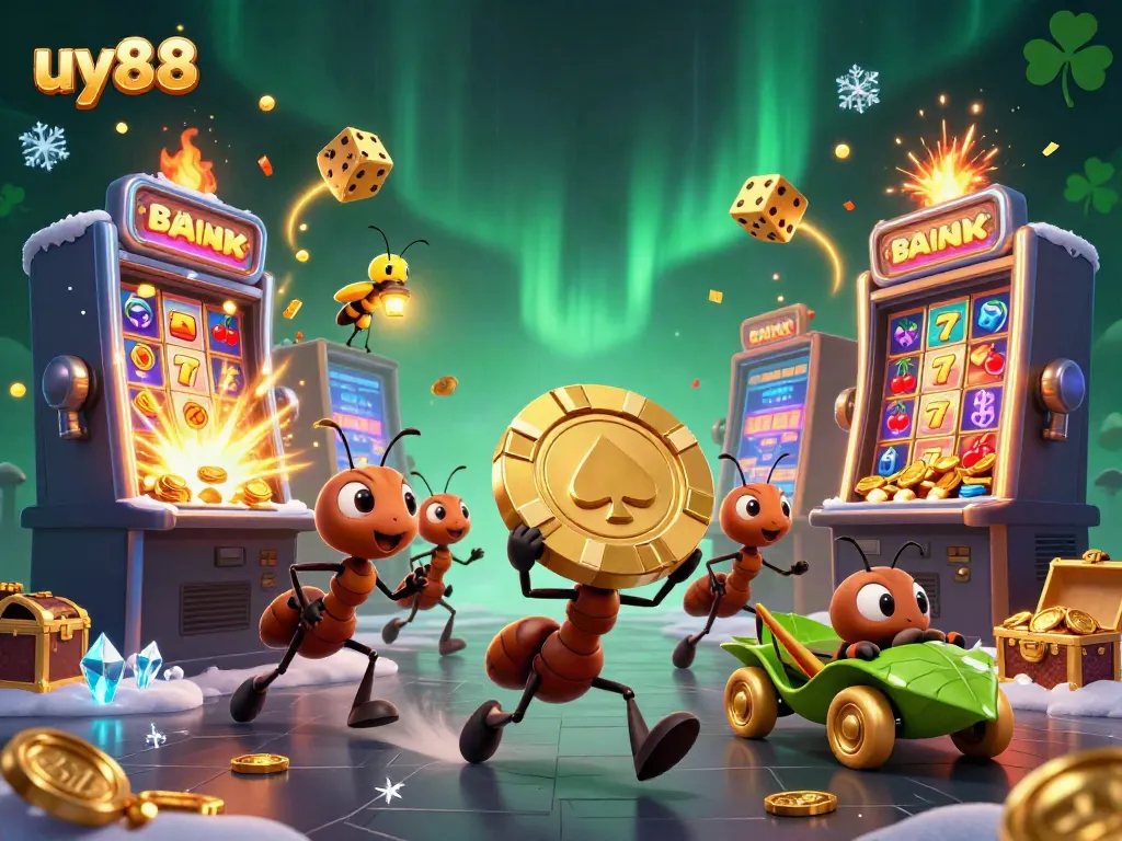 Experience an exciting heist in a vibrant casino world with uy88's 3D rendering of ants and a grasshopper.