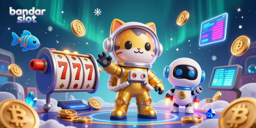 Experience the excitement of bandar slot with a playful 3D casino scene featuring lucky symbols and vibrant characters.