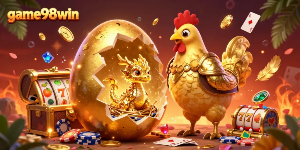 Spin to win at game98win with a dazzling golden dragon and vibrant casino elements.