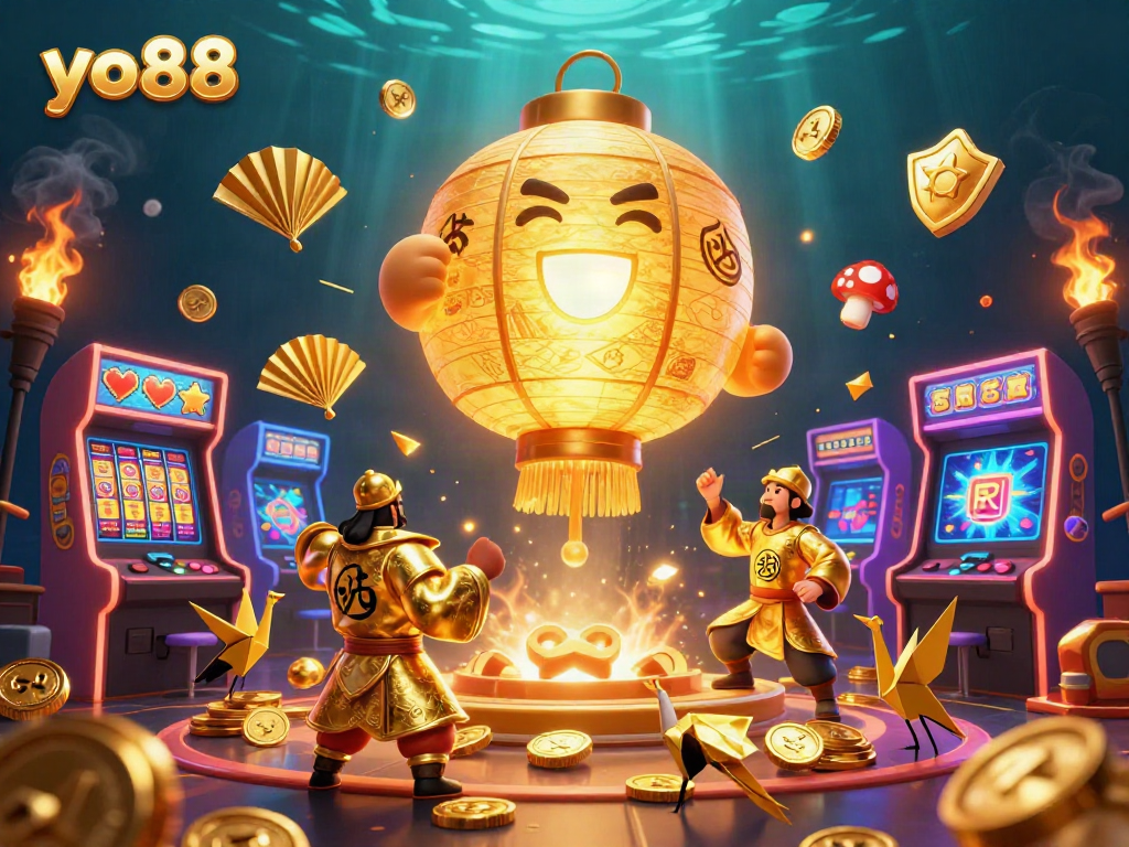 Experience thrilling gameplay at yo88 with a vibrant casino scene filled with slot reels, arcade machines, and golden elements.