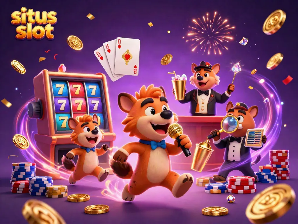 Watch hyenas perform in an exciting situs slot comedy club scene set with vibrant casino elements.