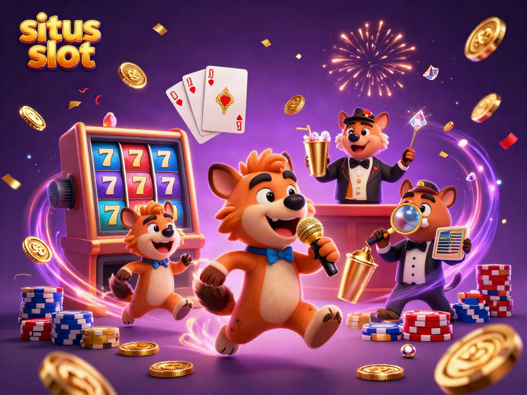 Watch hyenas perform in an exciting situs slot comedy club scene set with vibrant casino elements.