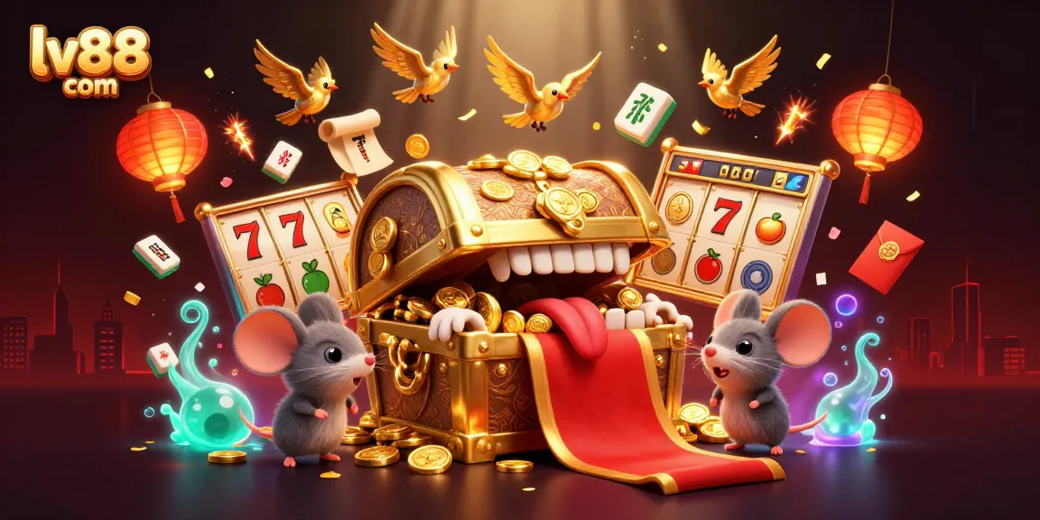 Engage with exciting adventures at lv88 com, featuring a treasure chest and captivating slot elements.