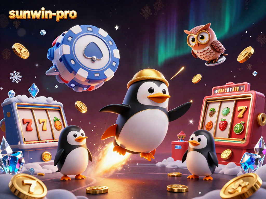 Experience the thrill of sunwin-pro with a dynamic casino-themed 3D illustration featuring a golden penguin and vibrant gaming elements.