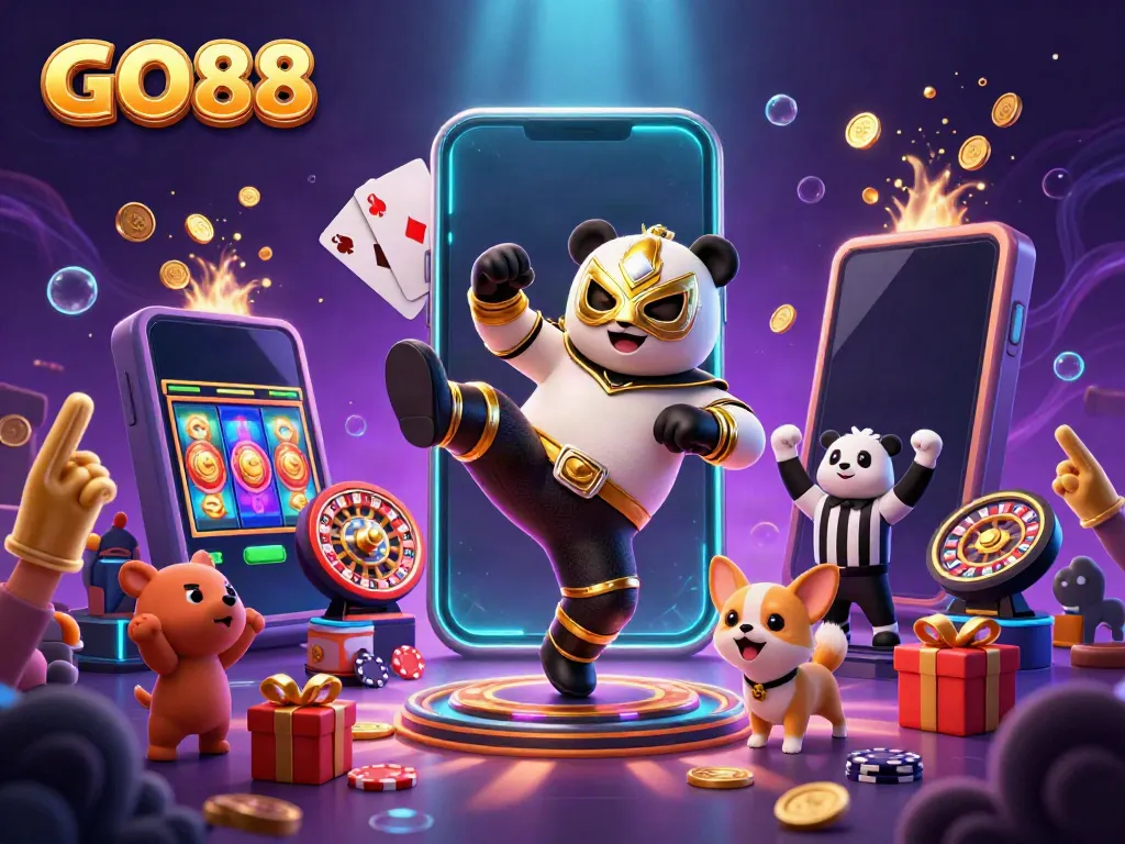 GO88's thrilling scene with a panda wrestler performing a kick amidst an energetic animal crowd in a vibrant casino.