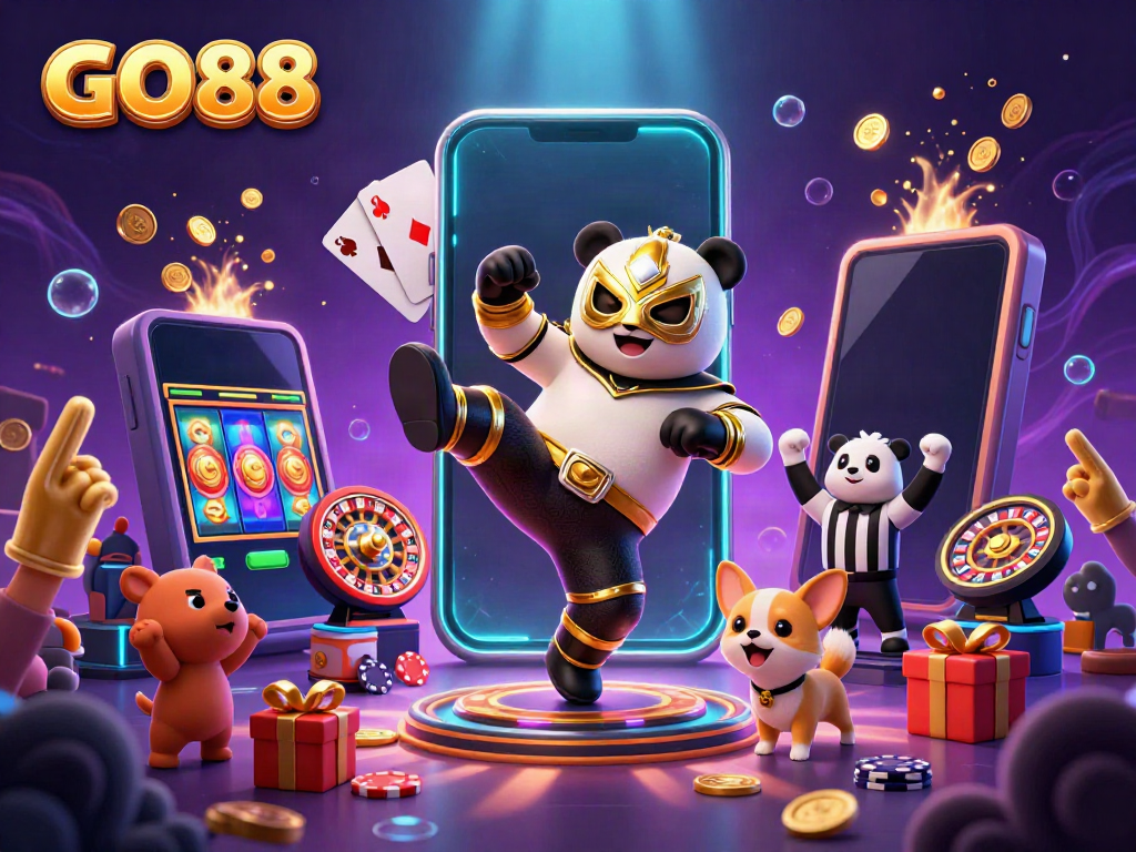 GO88's thrilling scene with a panda wrestler performing a kick amidst an energetic animal crowd in a vibrant casino.