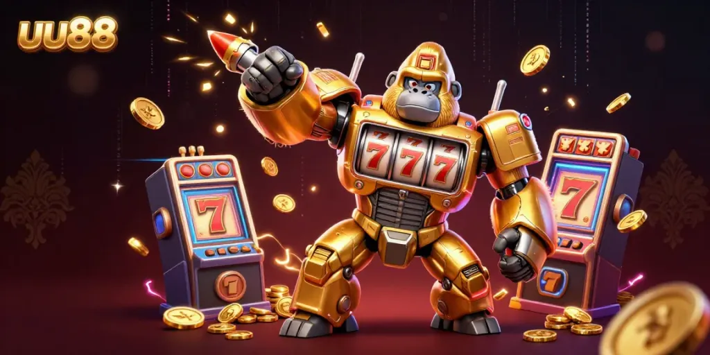 Experience the thrilling action at uu88 with a golden gorilla mech, spinning slot reels, and winning coins.