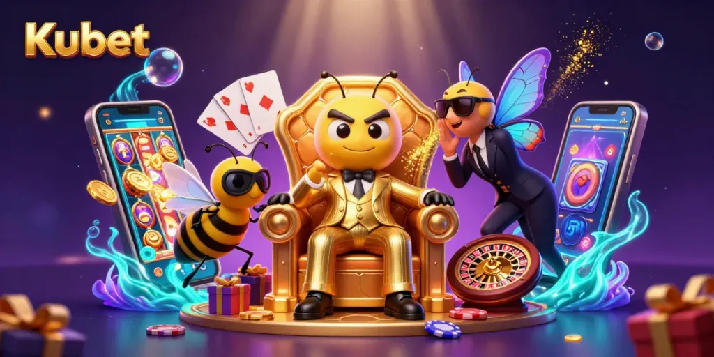 Kubet reveals a lively scene with a bumblebee mob boss and casino games, showcasing vibrant slot thrills.