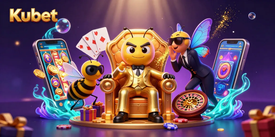Kubet reveals a lively scene with a bumblebee mob boss and casino games, showcasing vibrant slot thrills.