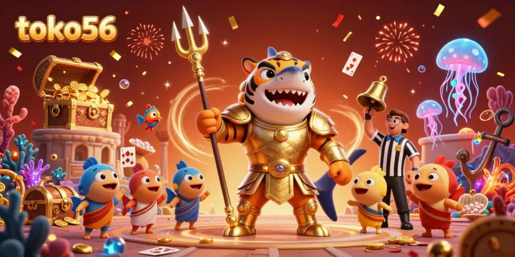 Spin the reels at toko56 with a vibrant underwater casino scene featuring a tiger shark in gladiator armor.