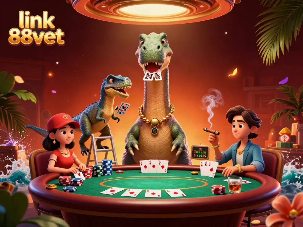 Join the fun at link 88vbet with a lively casino scene featuring animated characters around a vibrant poker table.