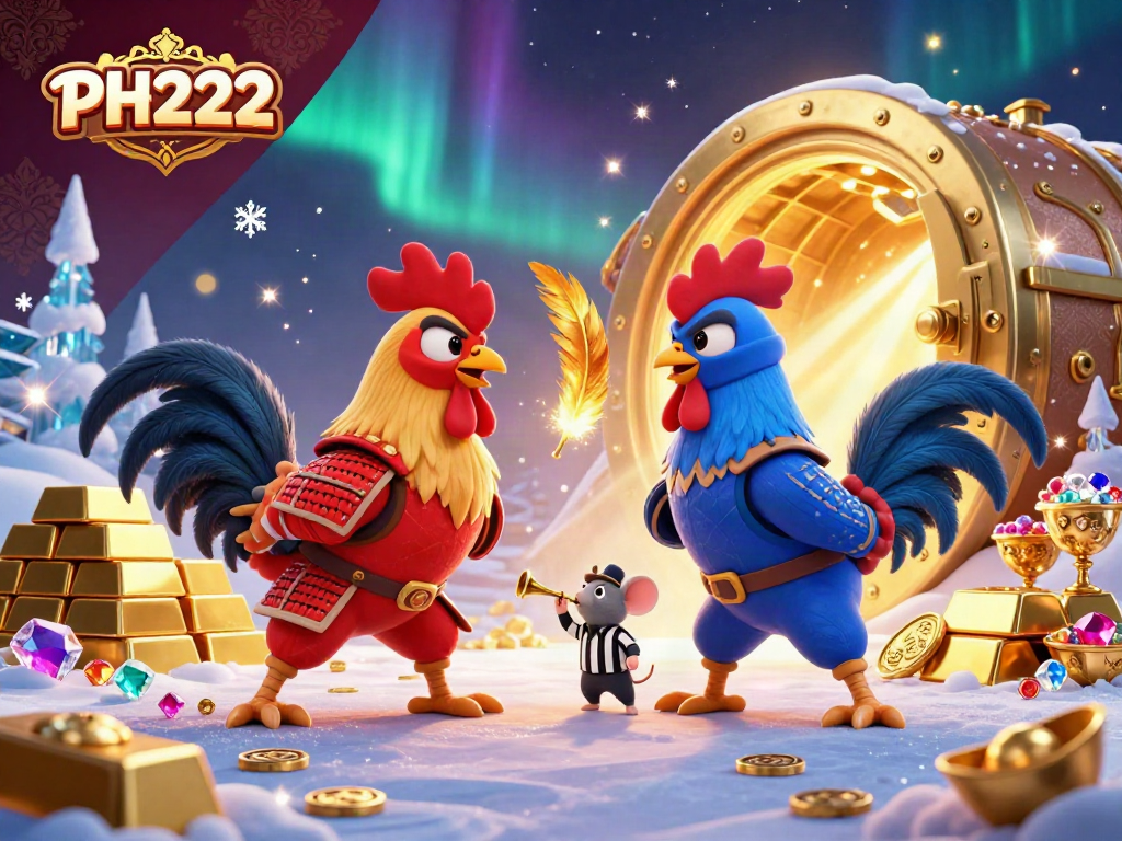 Experience the thrilling standoff of the PH222 roosters in vibrant casino-themed battle.