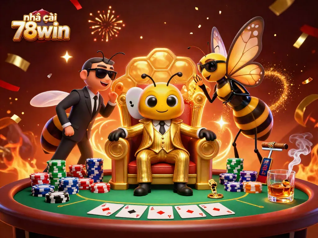 Experience the thrill at nhà cái 78win with lively poker action, chips, and vibrant characters.