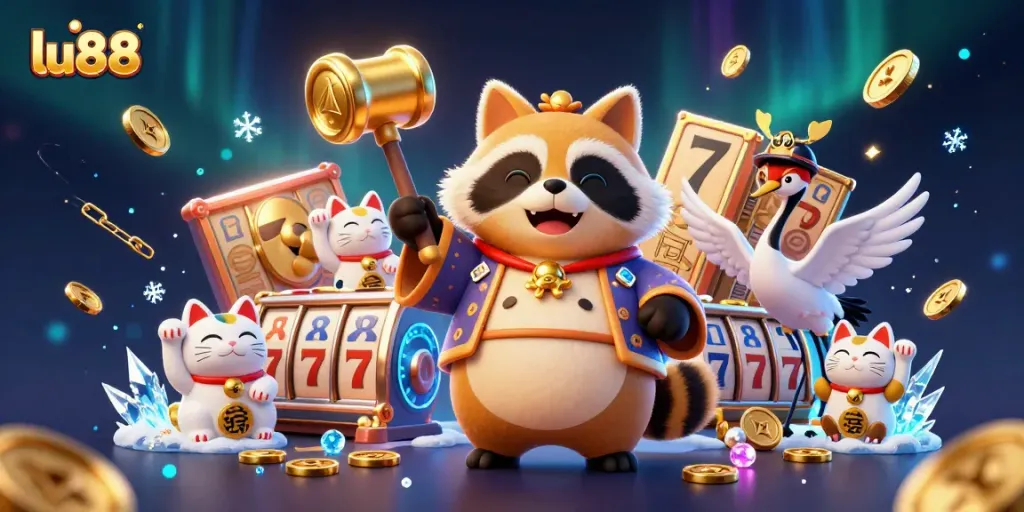 lu88's vibrant casino world showcases a tanuki, crane, and fortune cats enjoying slot games.