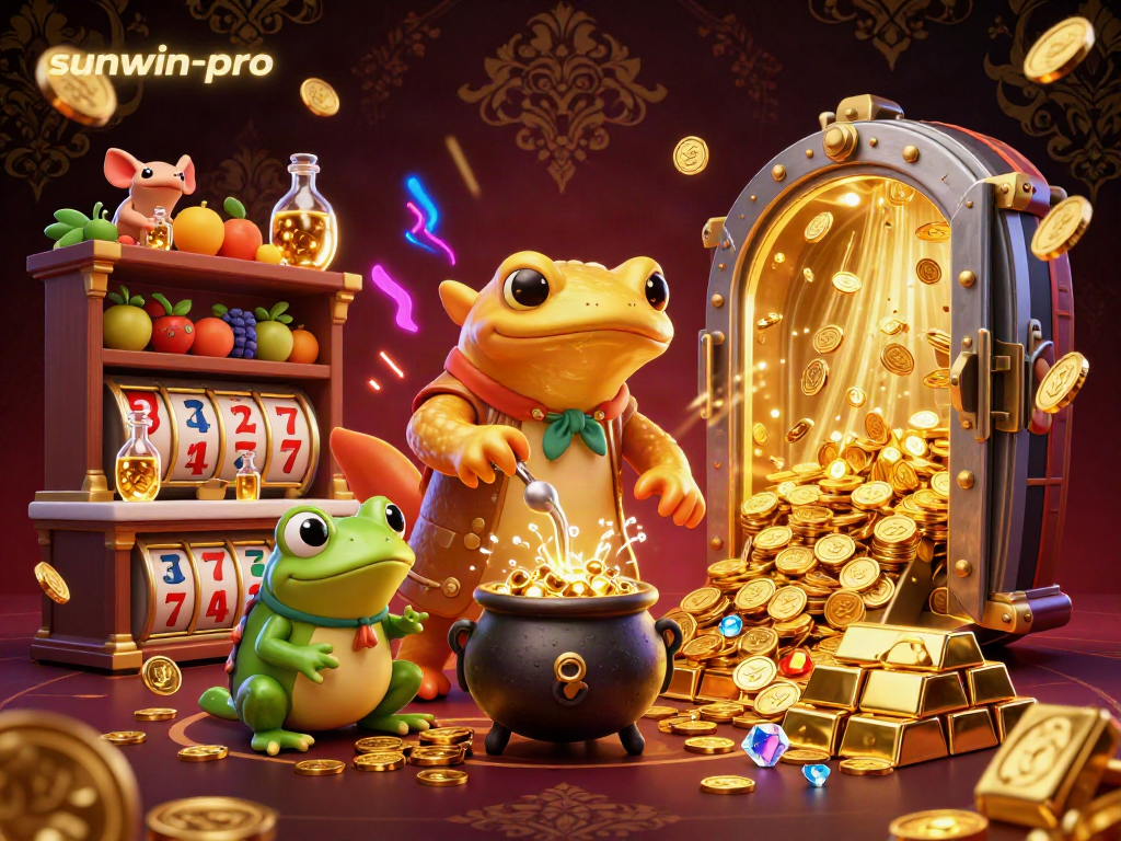 Engage with sunwin-pro's vibrant fantasy casino scene featuring a golden salamander alchemist and dynamic slot elements.